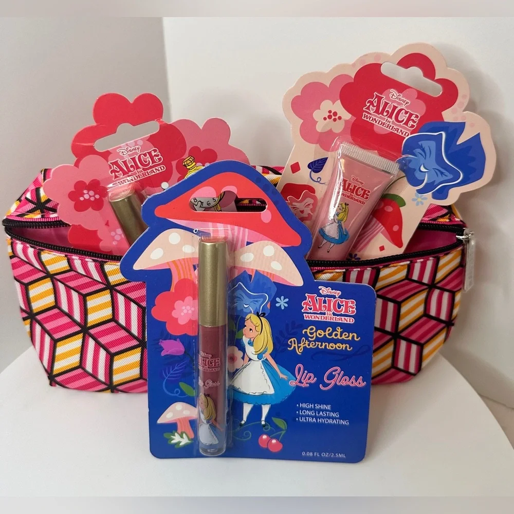 Disney Alice In Wonderland Lip Gloss Set of 3 NWT with Clinique Makeup Bag
